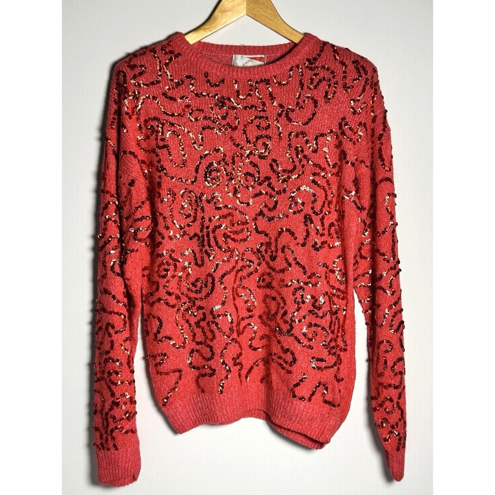 Vtg Niaoi Sequin Sweater Red Silk Blend‎ Long Sleeve Size L Disco Coquette Glam